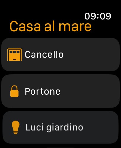 GdAHome su Apple Watch: Casa al mare, coi comandi Cancello, Portone e Luci giardino.