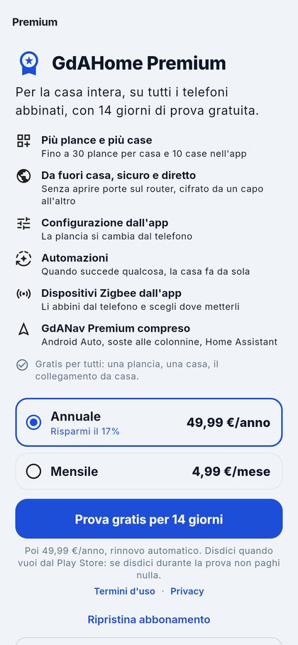 La pagina Premium: più plance e più case, da fuori casa, configurazione, automazioni e Zigbee dall’app, GdANav Premium compreso; 49,99 € all’anno o 4,99 € al mese, con 14 giorni di prova.