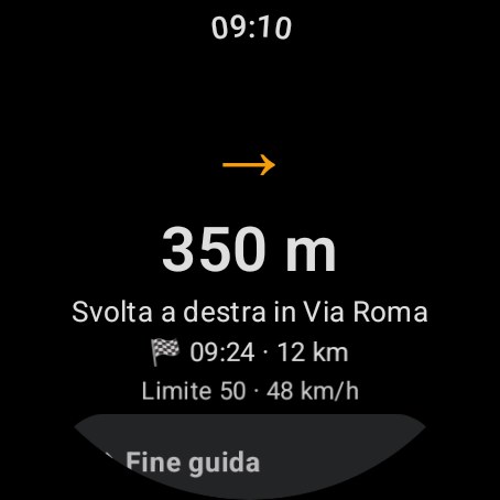 La guida di GdANav su Wear OS: fra 350 metri svolta a destra in Via Roma, arrivo alle 9:24, limite 50.