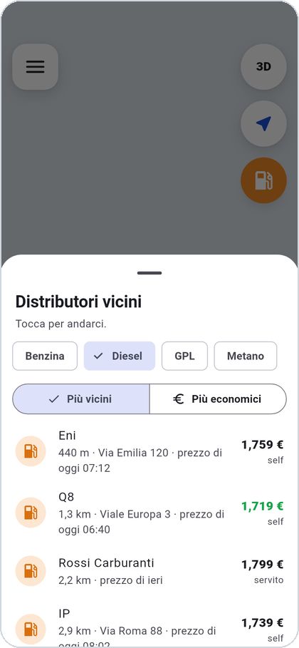 I distributori vicini col prezzo del diesel di oggi, dal più vicino.