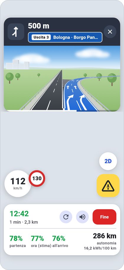 Lo svincolo in 3D, con l’uscita da prendere accesa in blu.