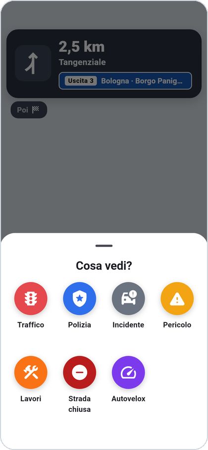 Cosa vedi? Traffico, polizia, incidente, pericolo, lavori, strada chiusa, autovelox.